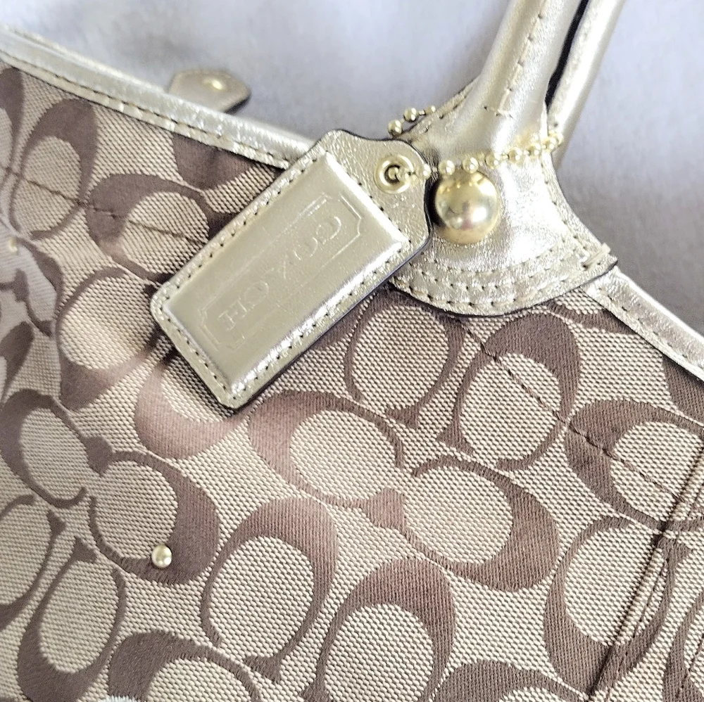 Coach Bleecker Khaki Signature Patchwork Floral Metallic Gold Tote Bag Y2K - Picture 5 of 15